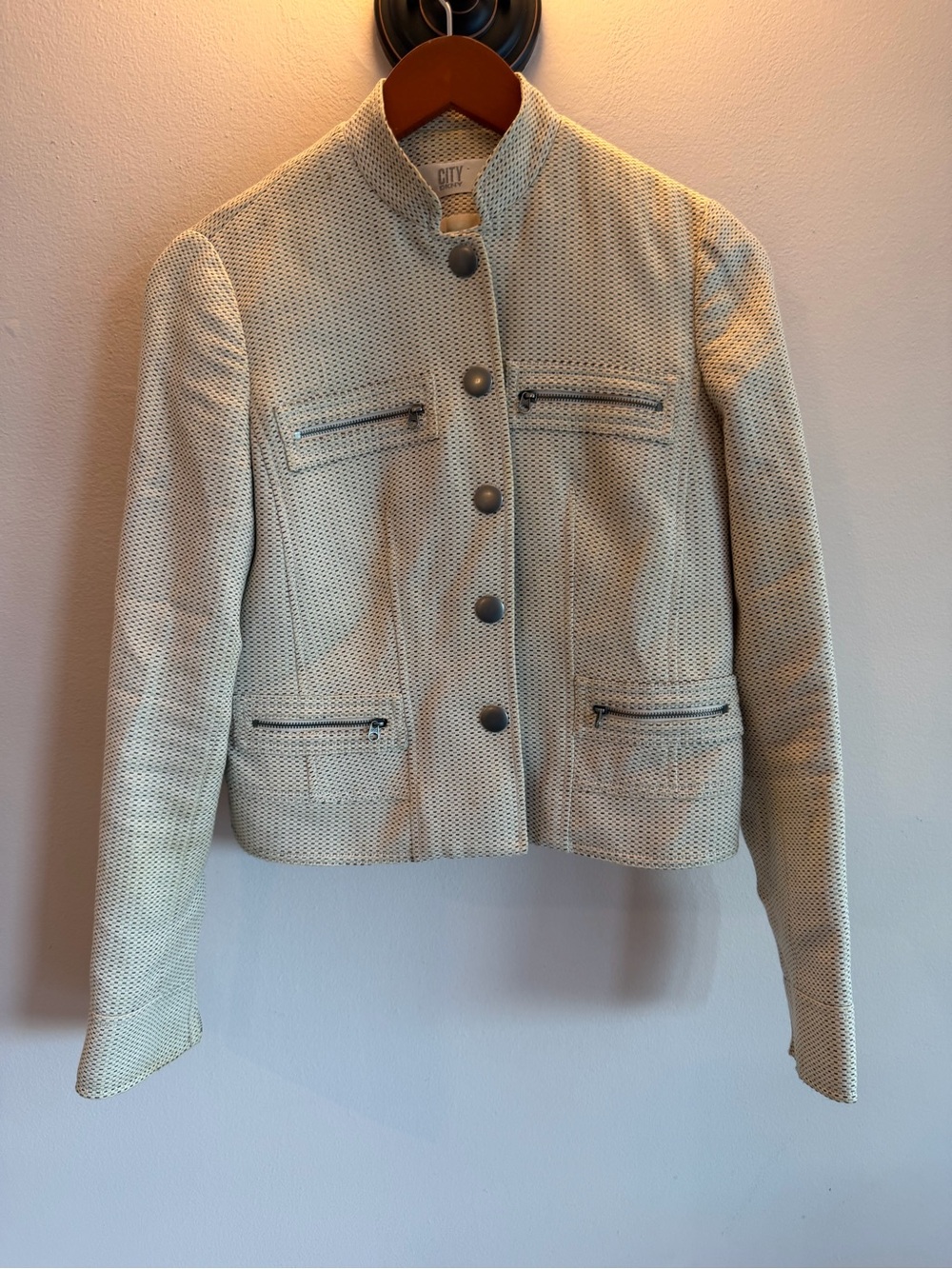 City DKNY Womens Textured Basketweave Mandarin Collar Button Front Jacket Size 2
